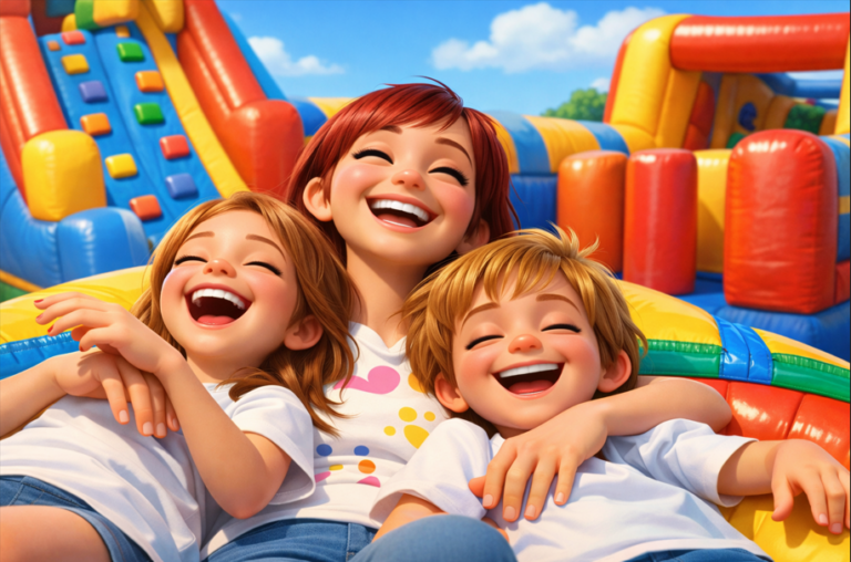 a mother and two children laughing together on a colorful inflatable obstacle course at a Wilmington DE party rental event