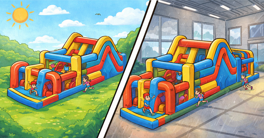 Inflatable obstacle course rental in Wilmington DE shown set up outdoors in sunshine and indoors during rainy weather