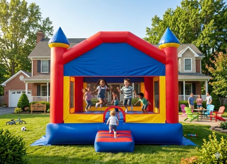 Bounce house rental in Greenville, DE with kids jumping inside inflatable moonbounce at backyard birthday party.